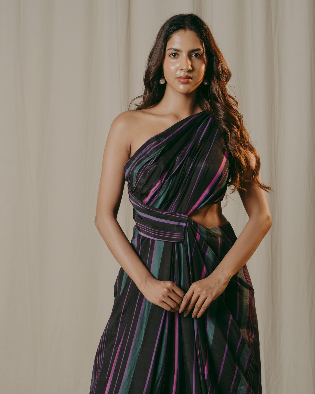 Cecily Black Striped Cupro Silk Drape Dress