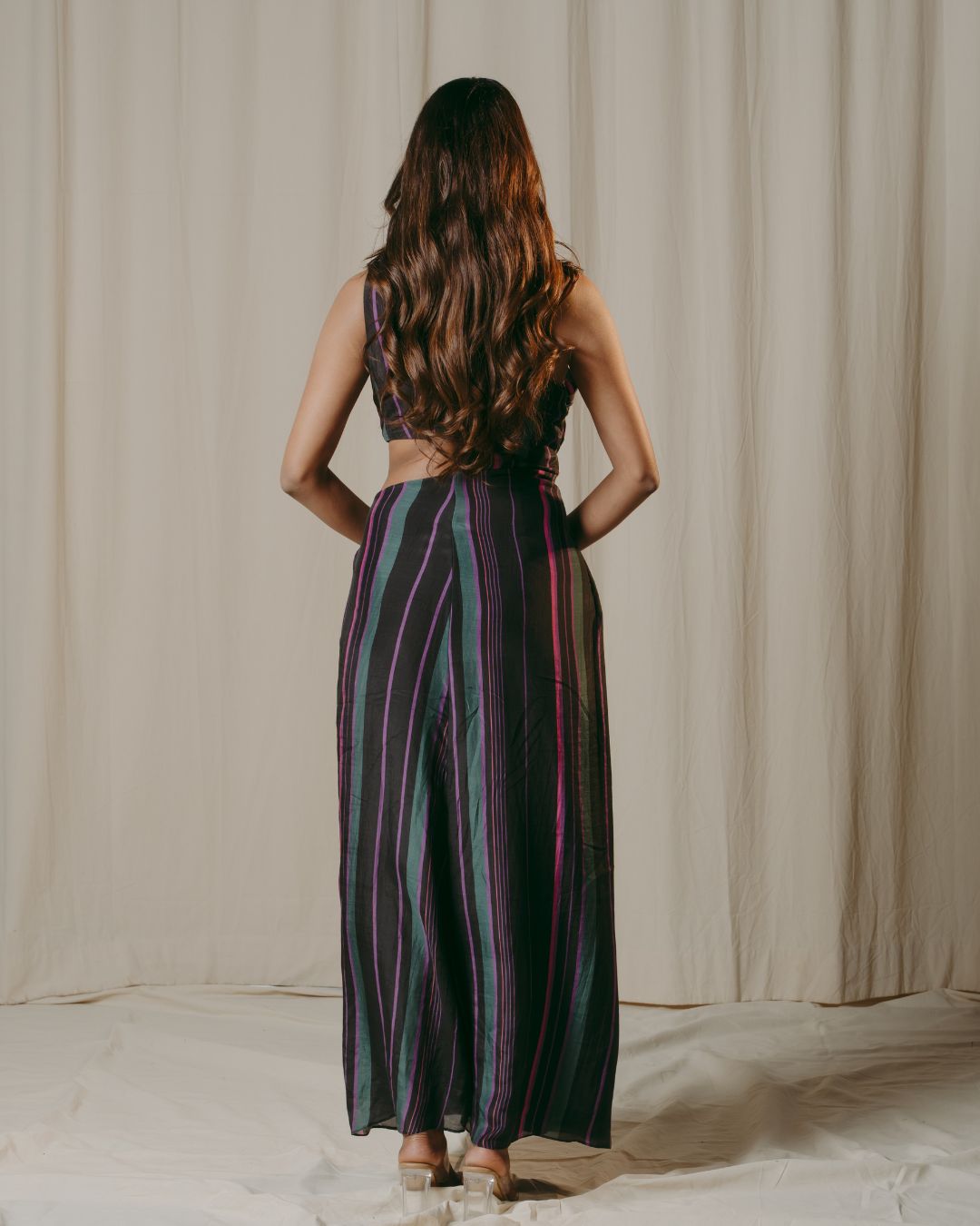 Cecily Black Striped Cupro Silk Drape Dress