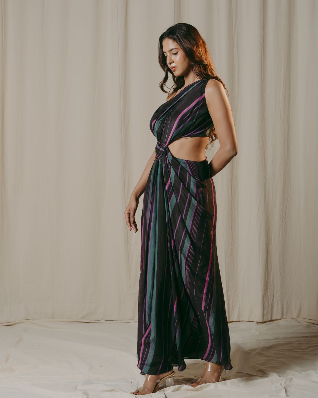 Cecily Black Striped Cupro Silk Drape Dress