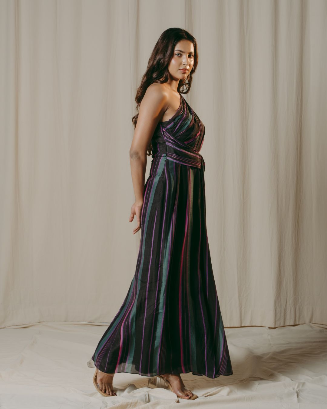 Cecily Black Striped Cupro Silk Drape Dress