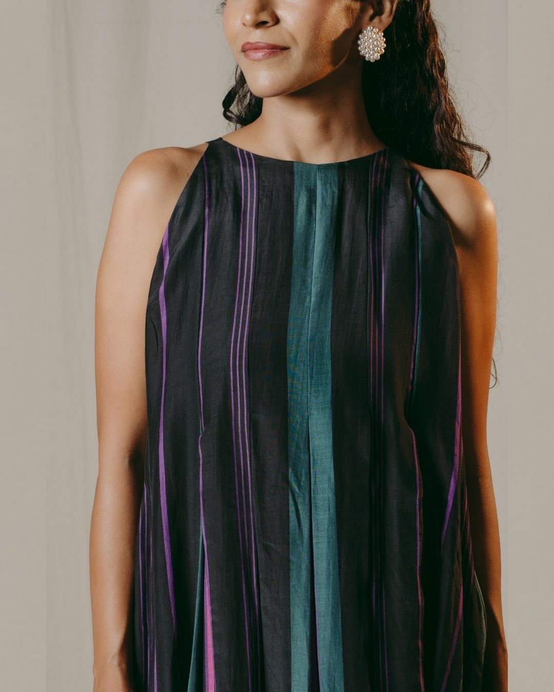 Nerina Black Striped Pleated Cupro Silk Dress