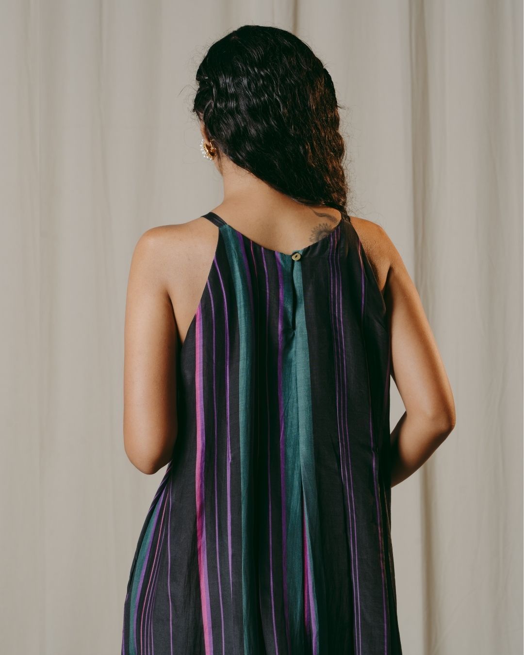 Nerina Black Striped Pleated Cupro Silk Dress