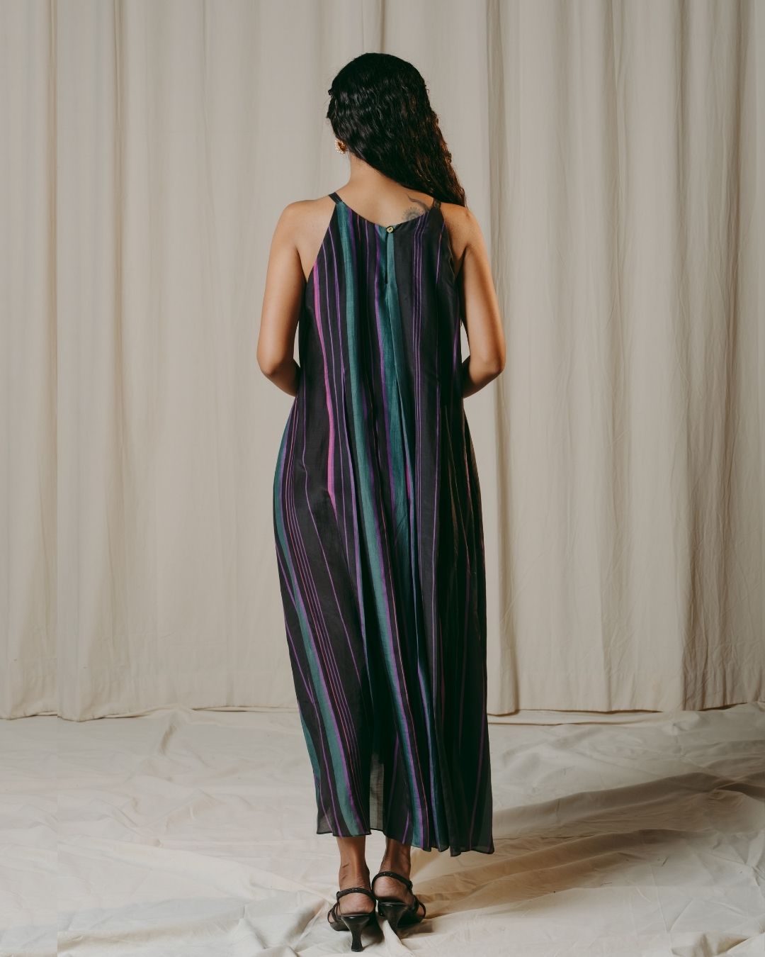 Nerina Black Striped Pleated Cupro Silk Dress