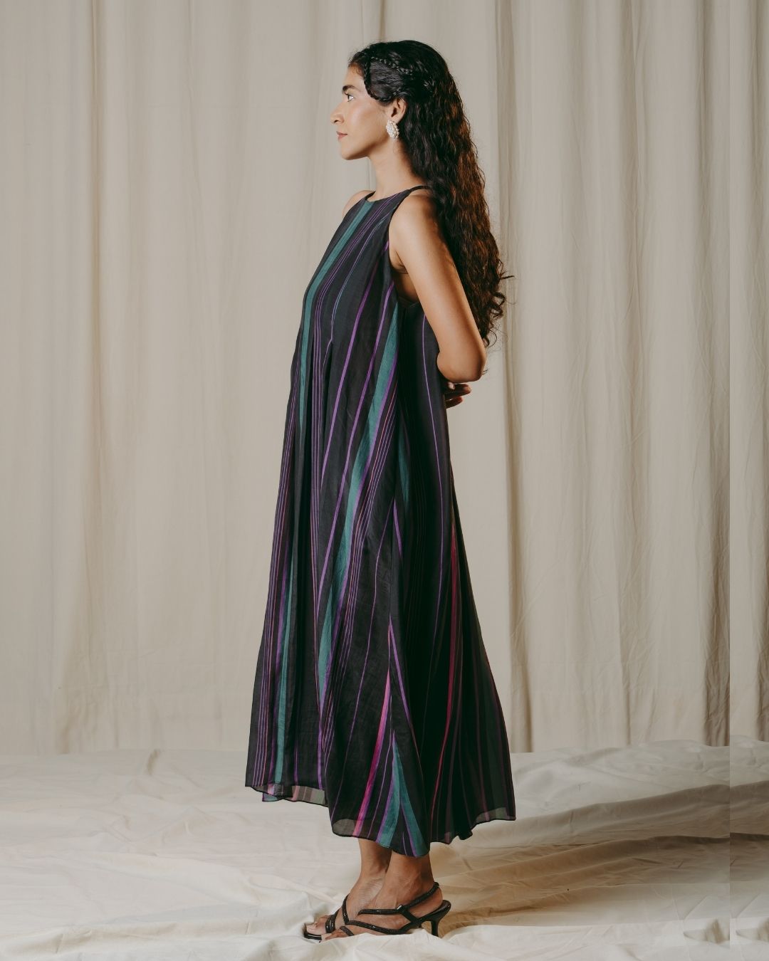 Nerina Black Striped Pleated Cupro Silk Dress