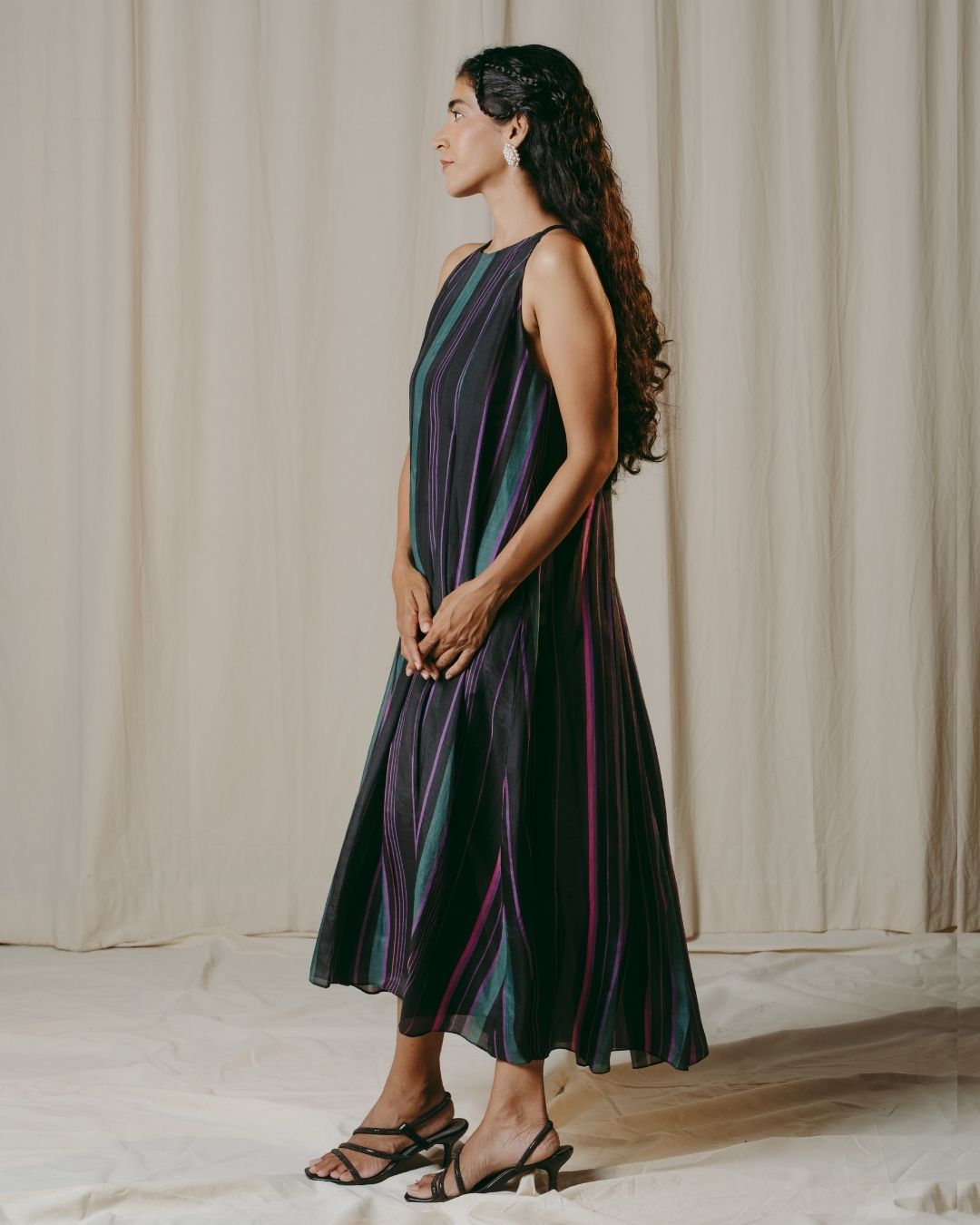 Nerina Black Striped Pleated Cupro Silk Dress