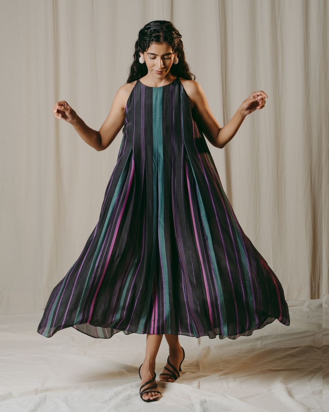 Nerina Black Striped Pleated Cupro Silk Dress