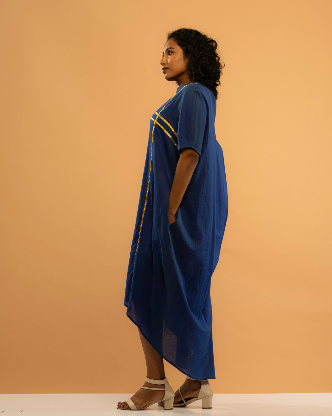 Celestial Blue Flowy Dress with Golden Stripe