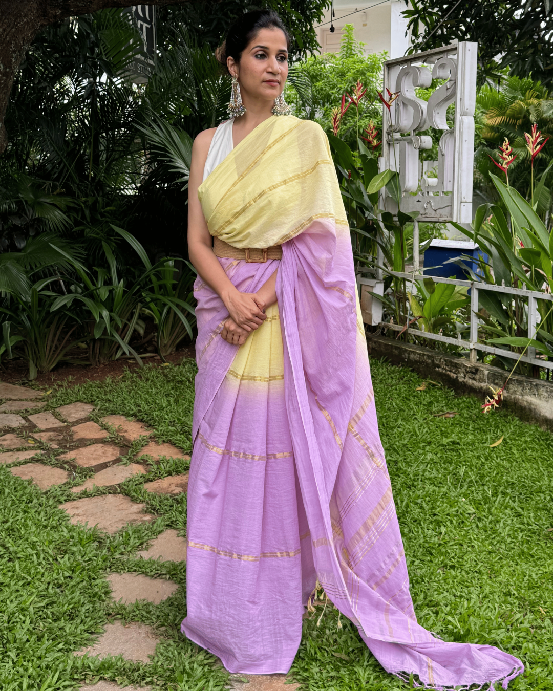 Anandavalli Yellow Lilac Ombre Striped Kasavu Saree