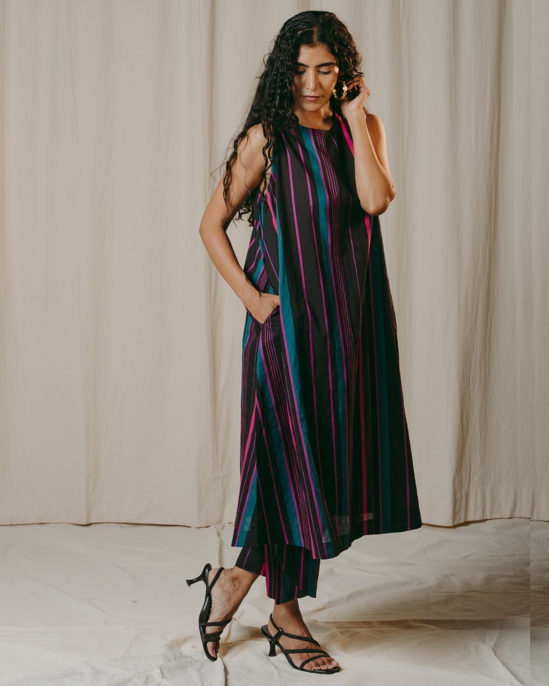 Lisette Black Striped Cotton A-Line Dress
