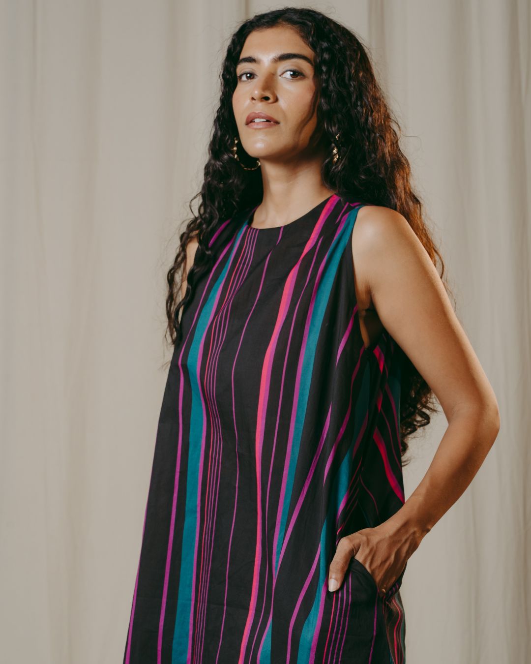 Lisette Black Striped Cotton A-Line Dress