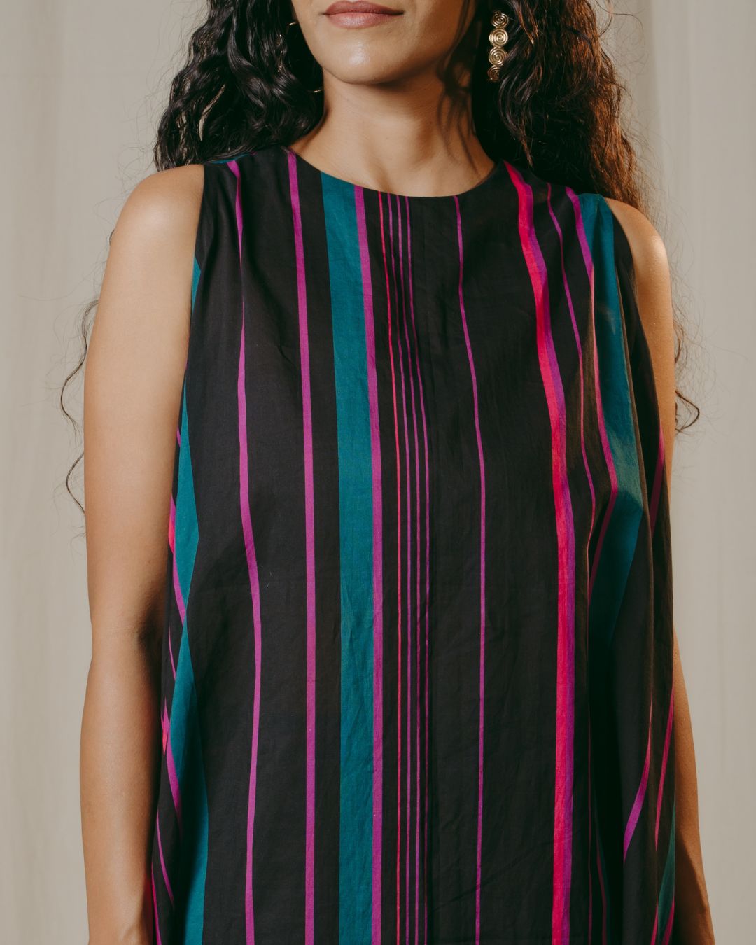 Lisette Black Striped Cotton A-Line Dress