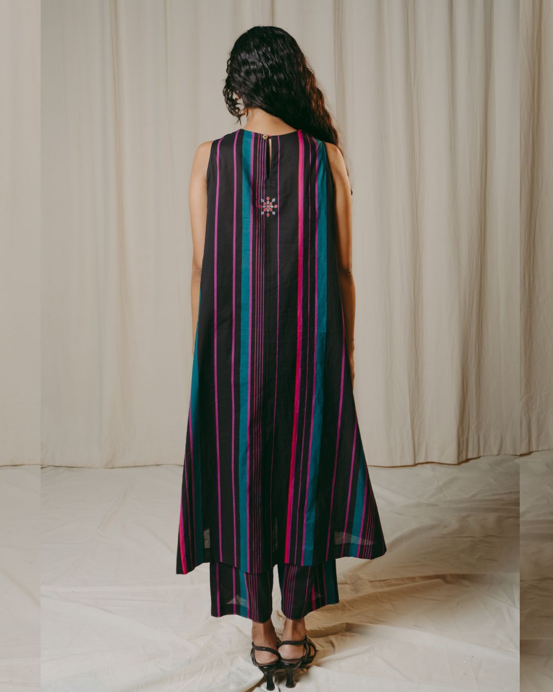 Lisette Black Striped Cotton A-Line Dress