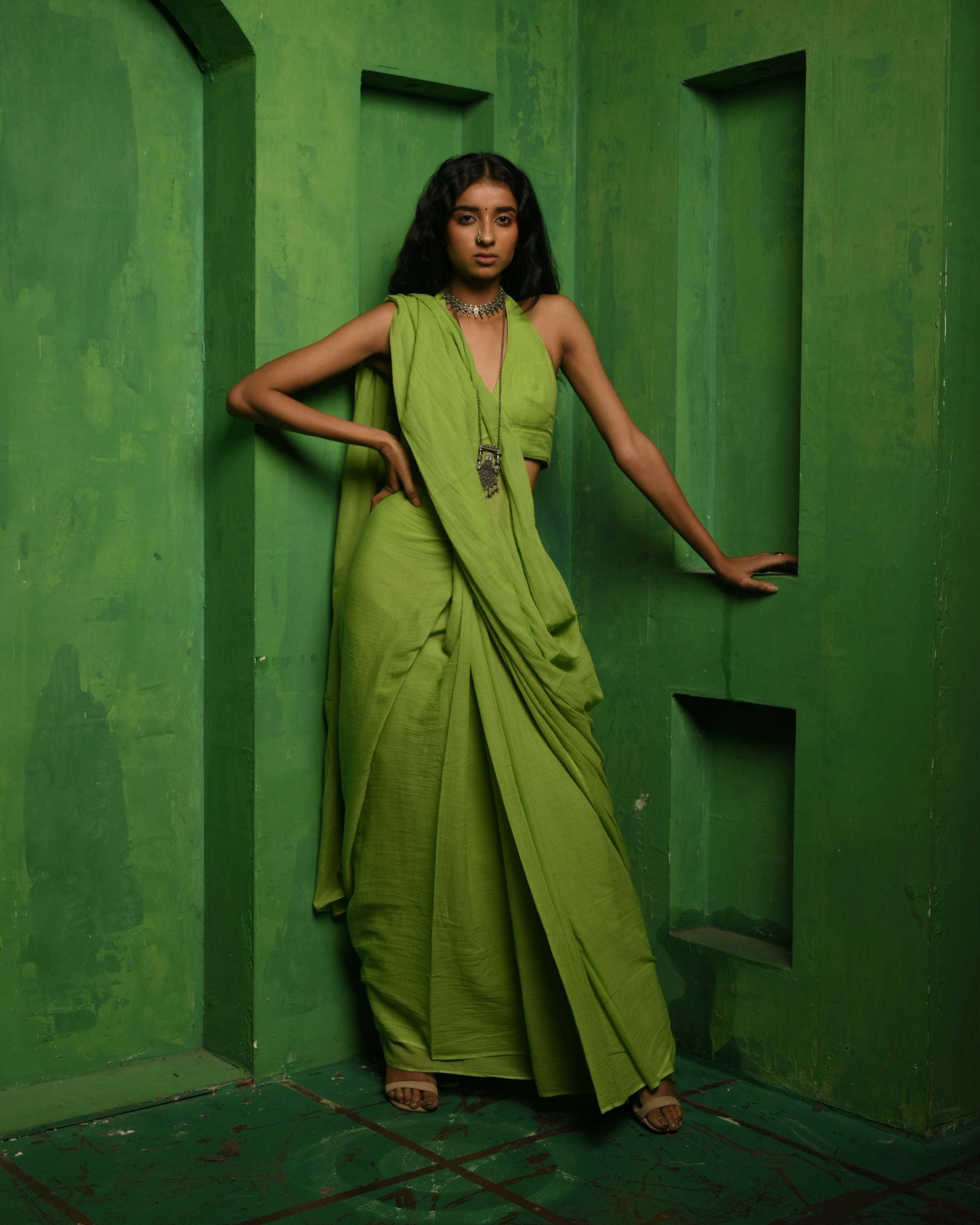 Apple sorbet I Light Green Handloom Mul Modal saree