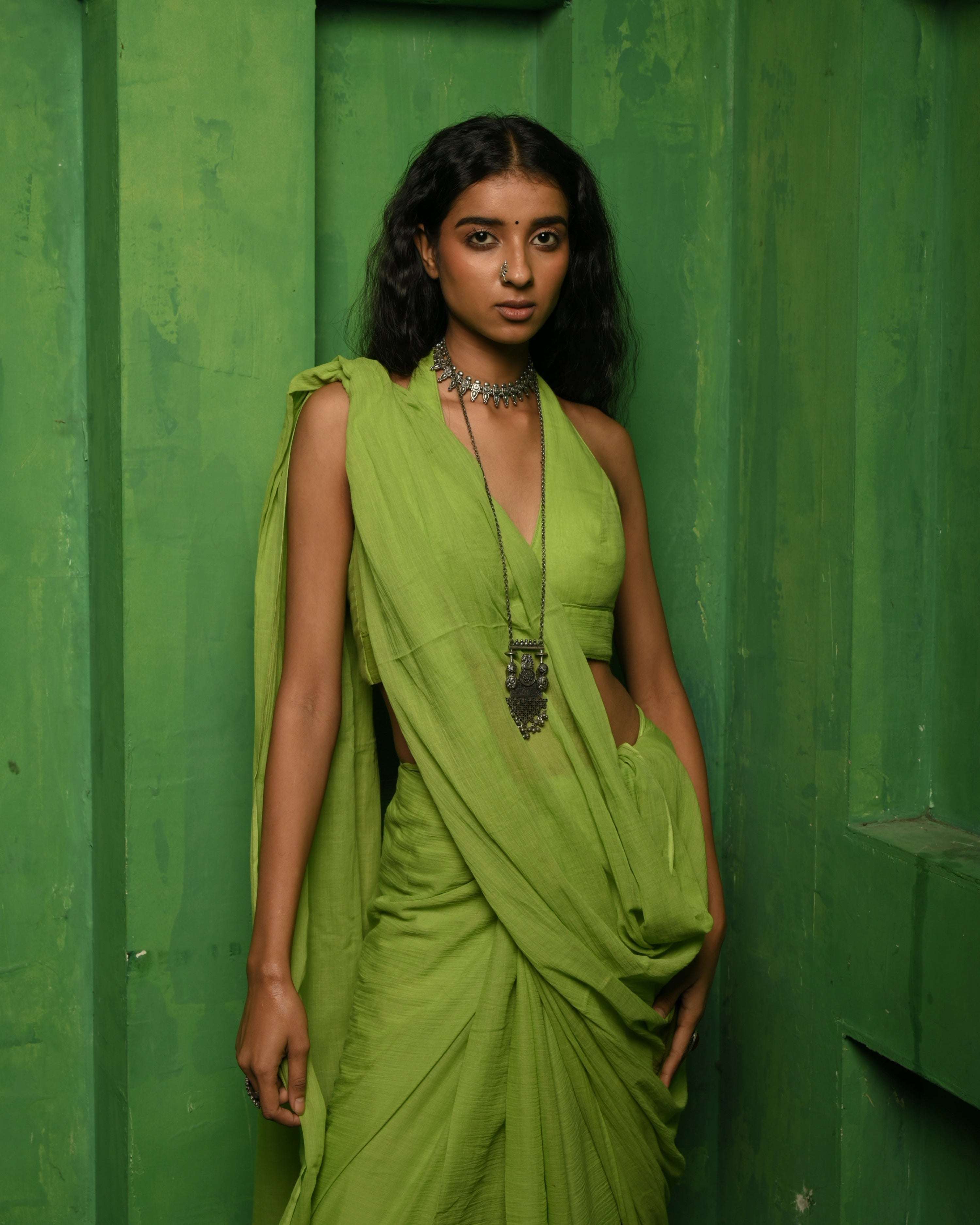 Apple sorbet I Light Green Handloom Mul Modal saree