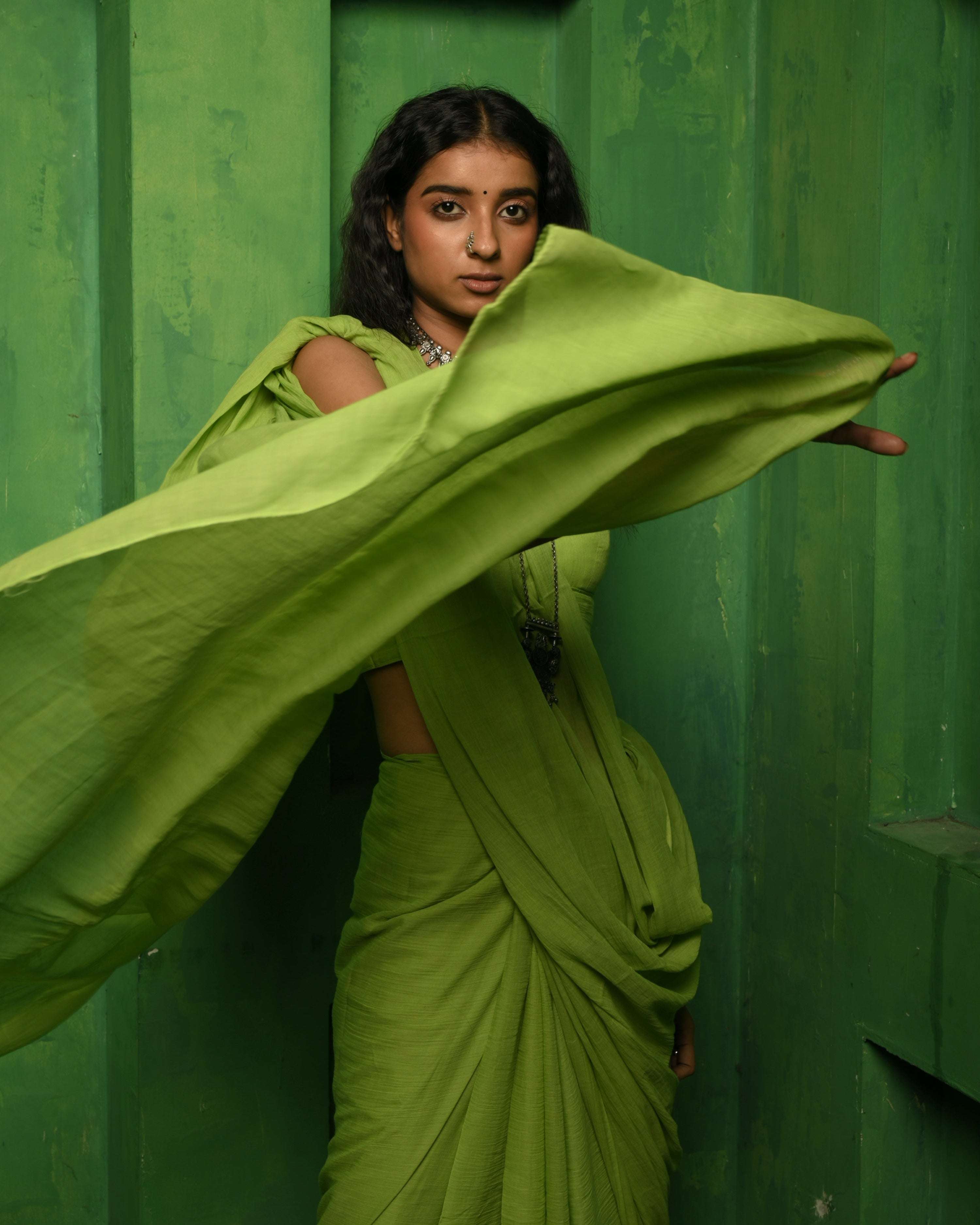 Apple sorbet I Light Green Handloom Mul Modal saree