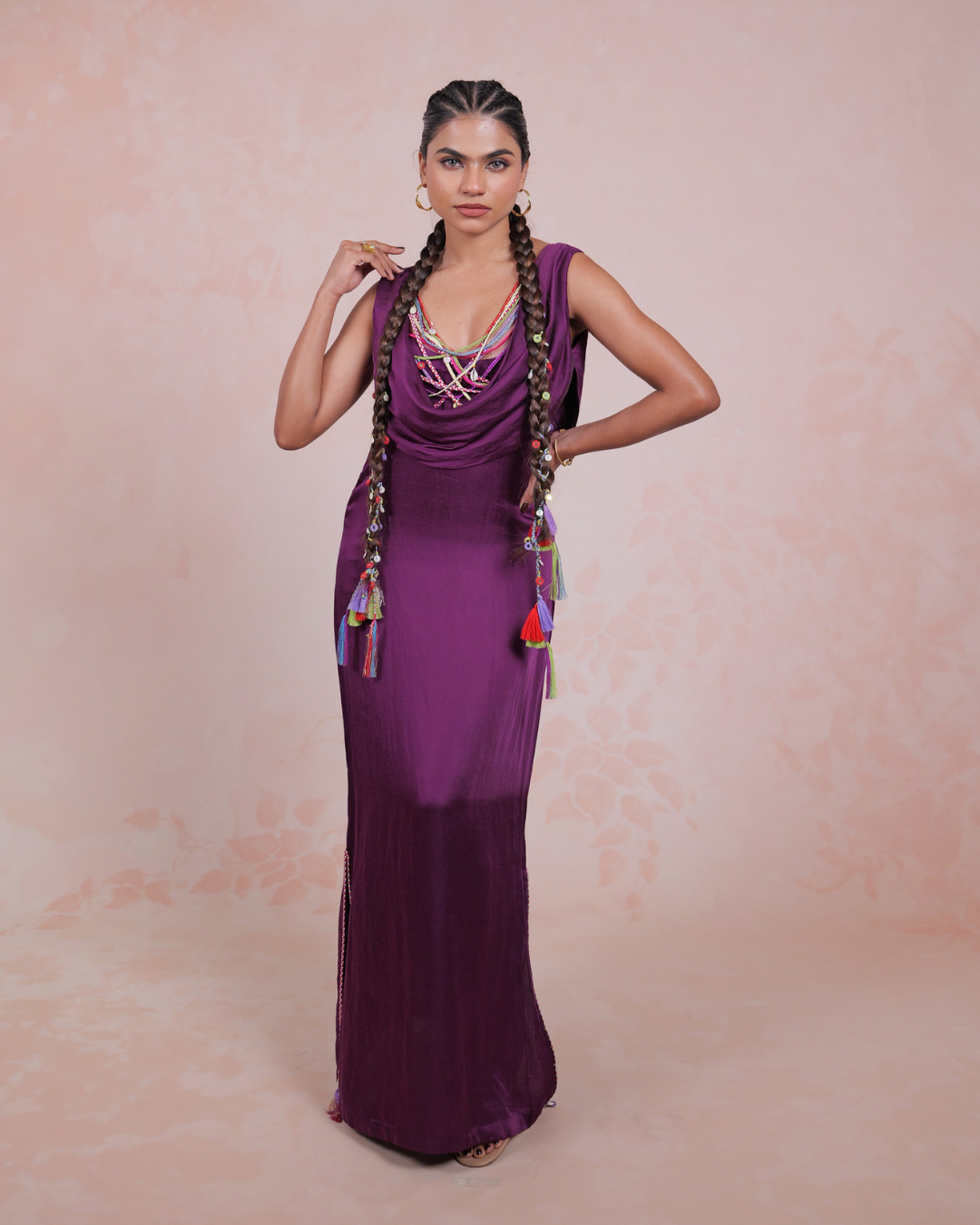 Ravika Purple Linen Satin Cowl Dress