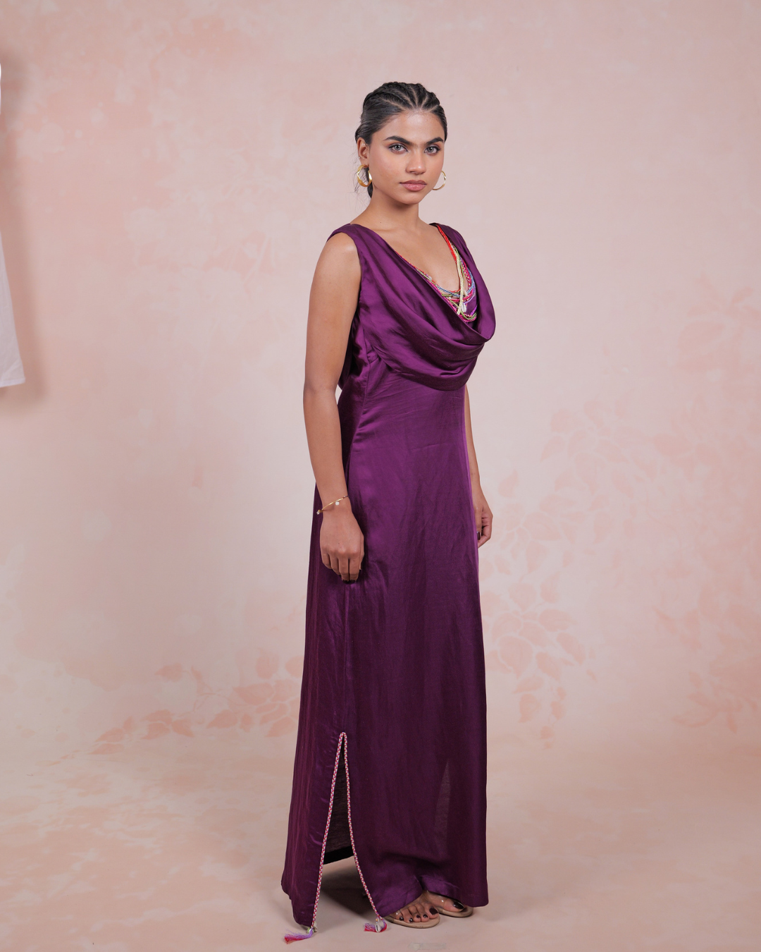 Ravika Purple Linen Satin Cowl Dress
