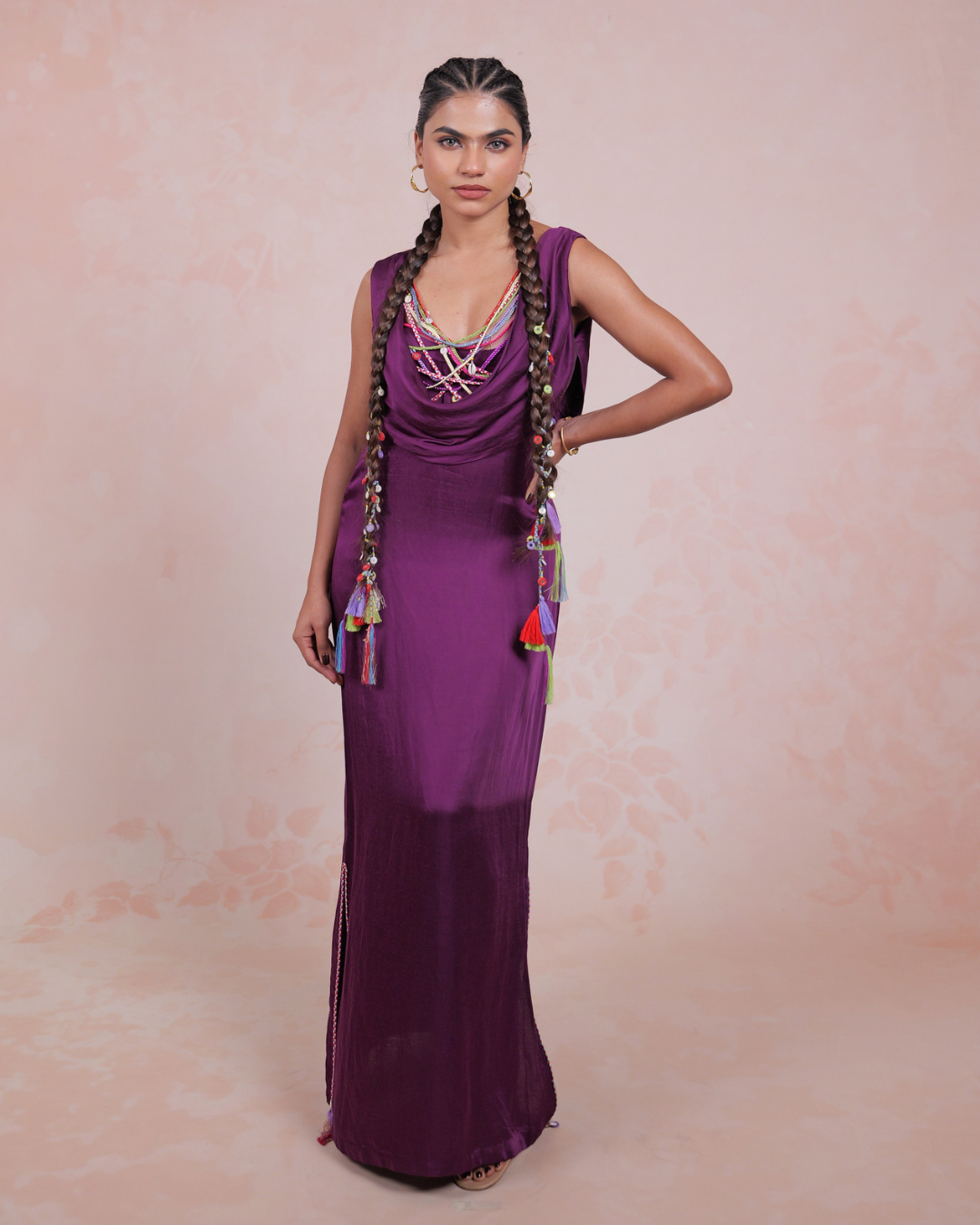 Ravika Purple Linen Satin Cowl Dress
