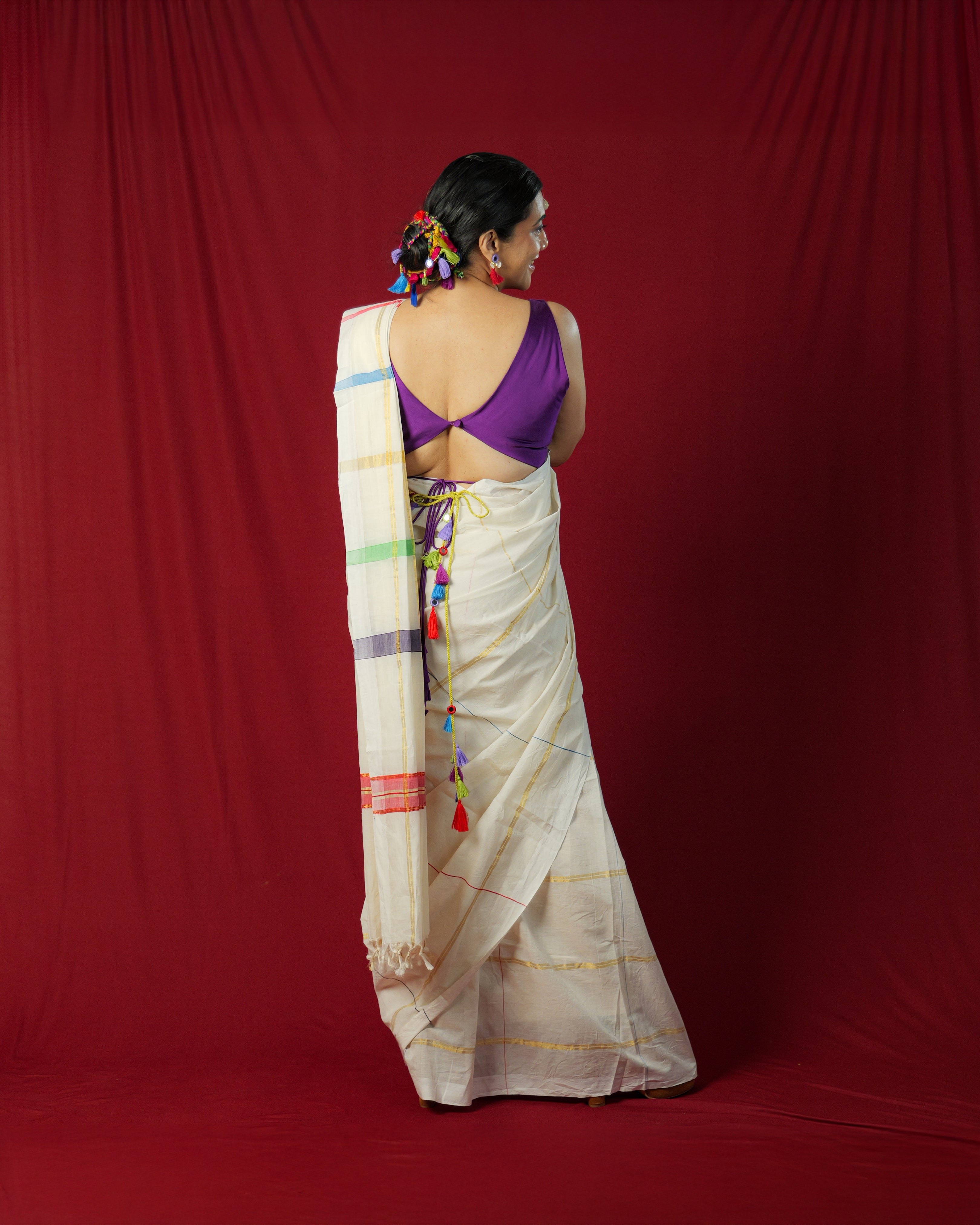Parvatikutty Illusion Checks Off-white Kasavu Saree
