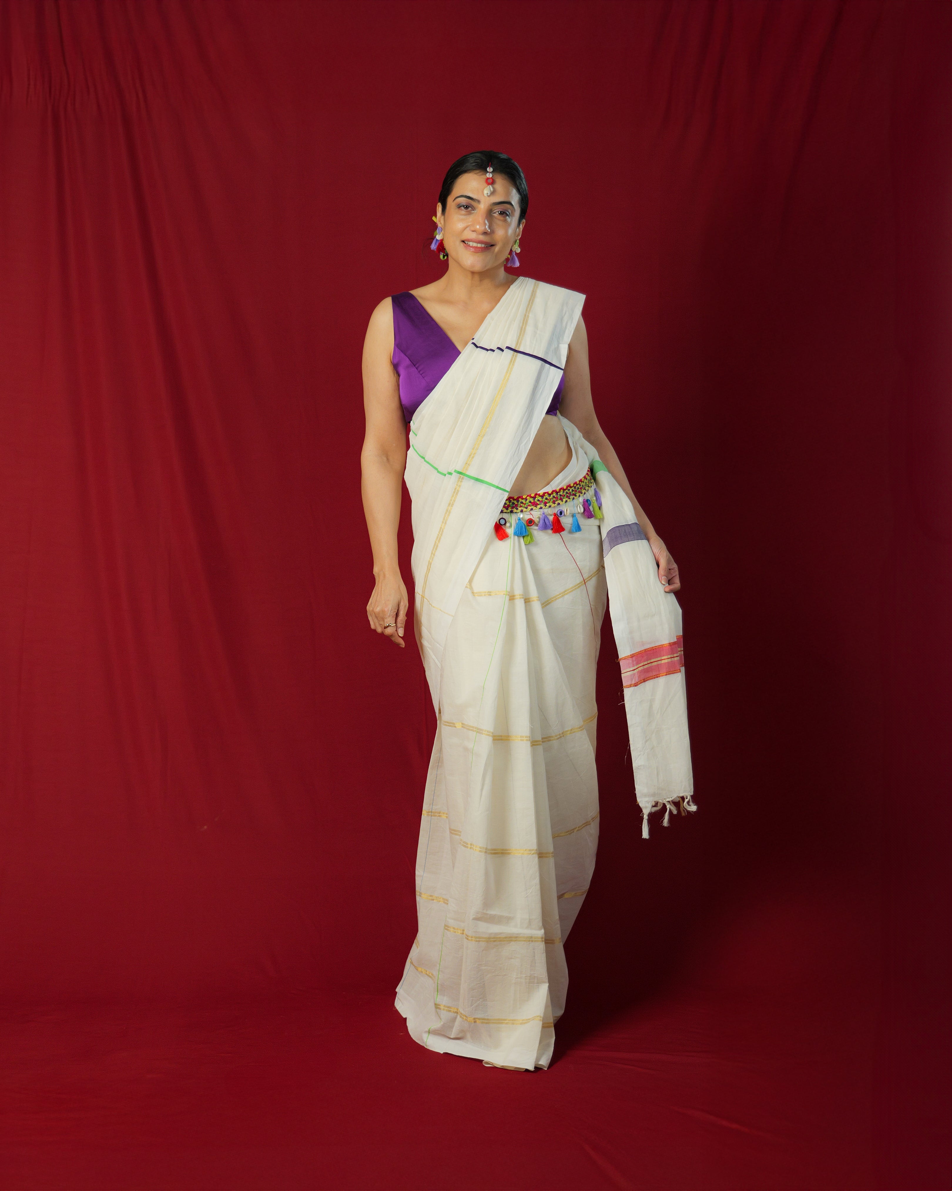Parvatikutty Illusion Checks Off-white Kasavu Saree