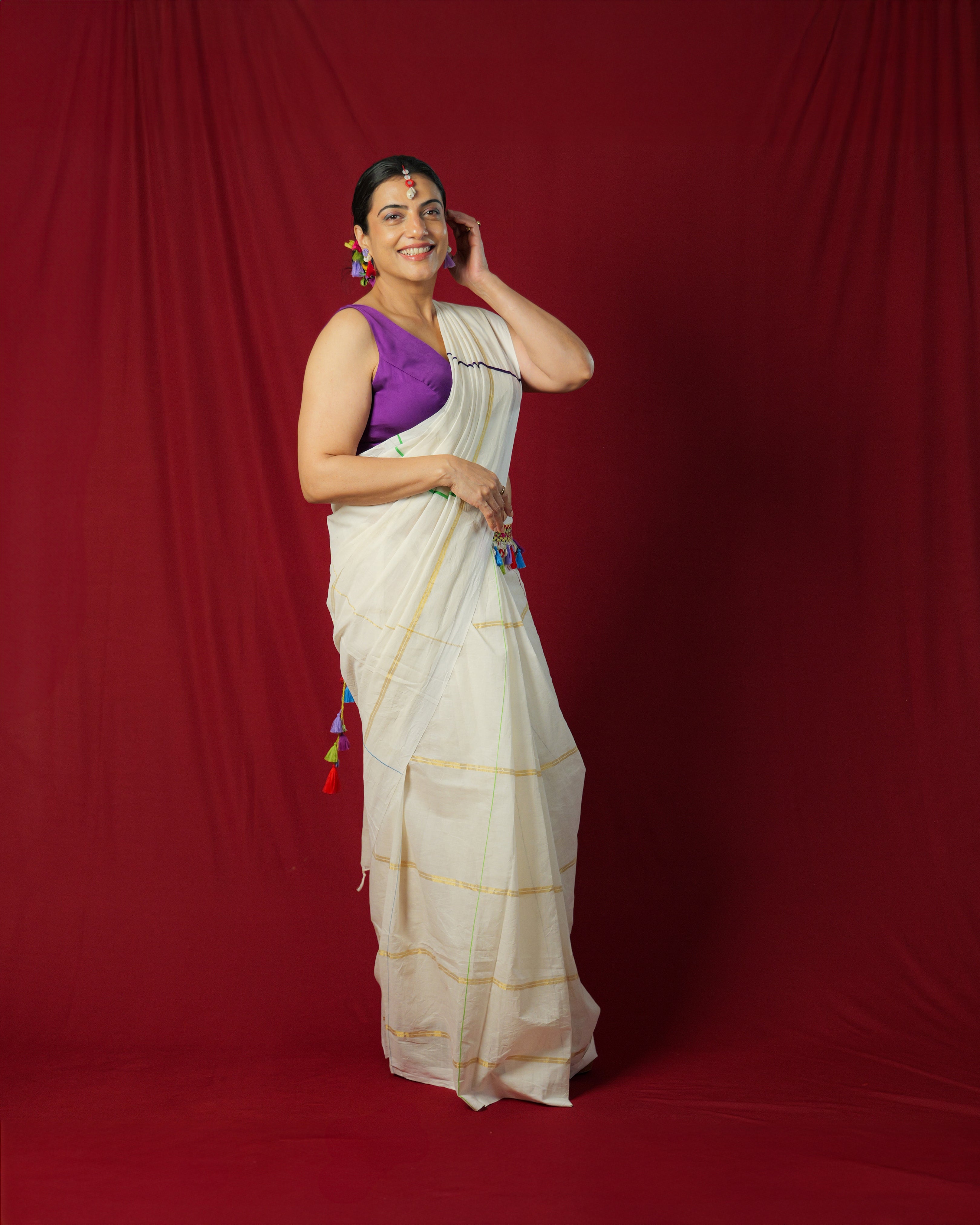 Parvatikutty Illusion Checks Off-white Kasavu Saree