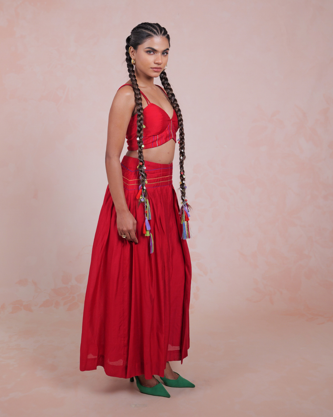 Manjari Red Crop Top and Pleated Trousers