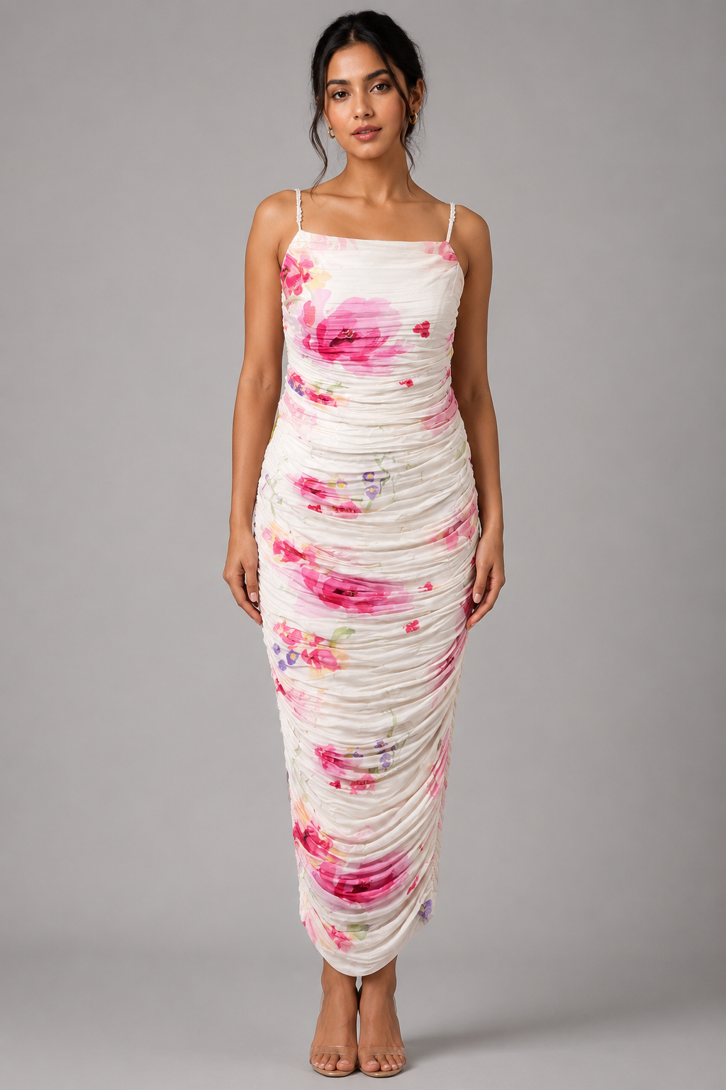 Ruched floral midi dress