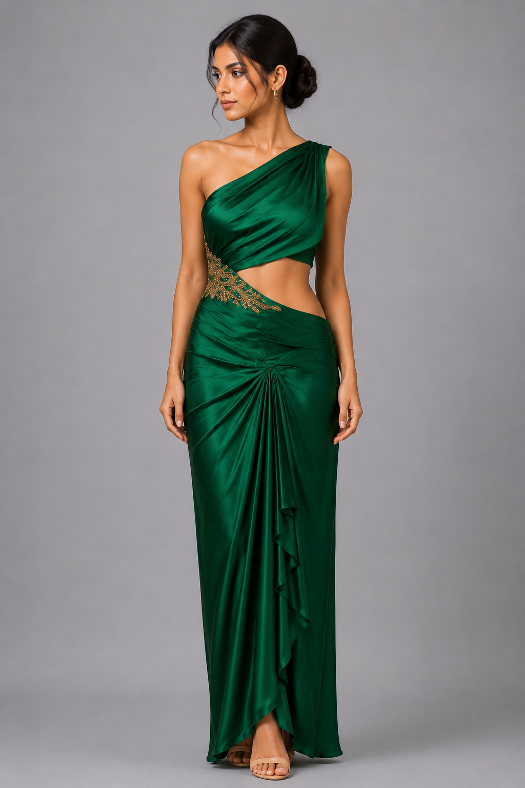 One-shoulder draped modal satin gown