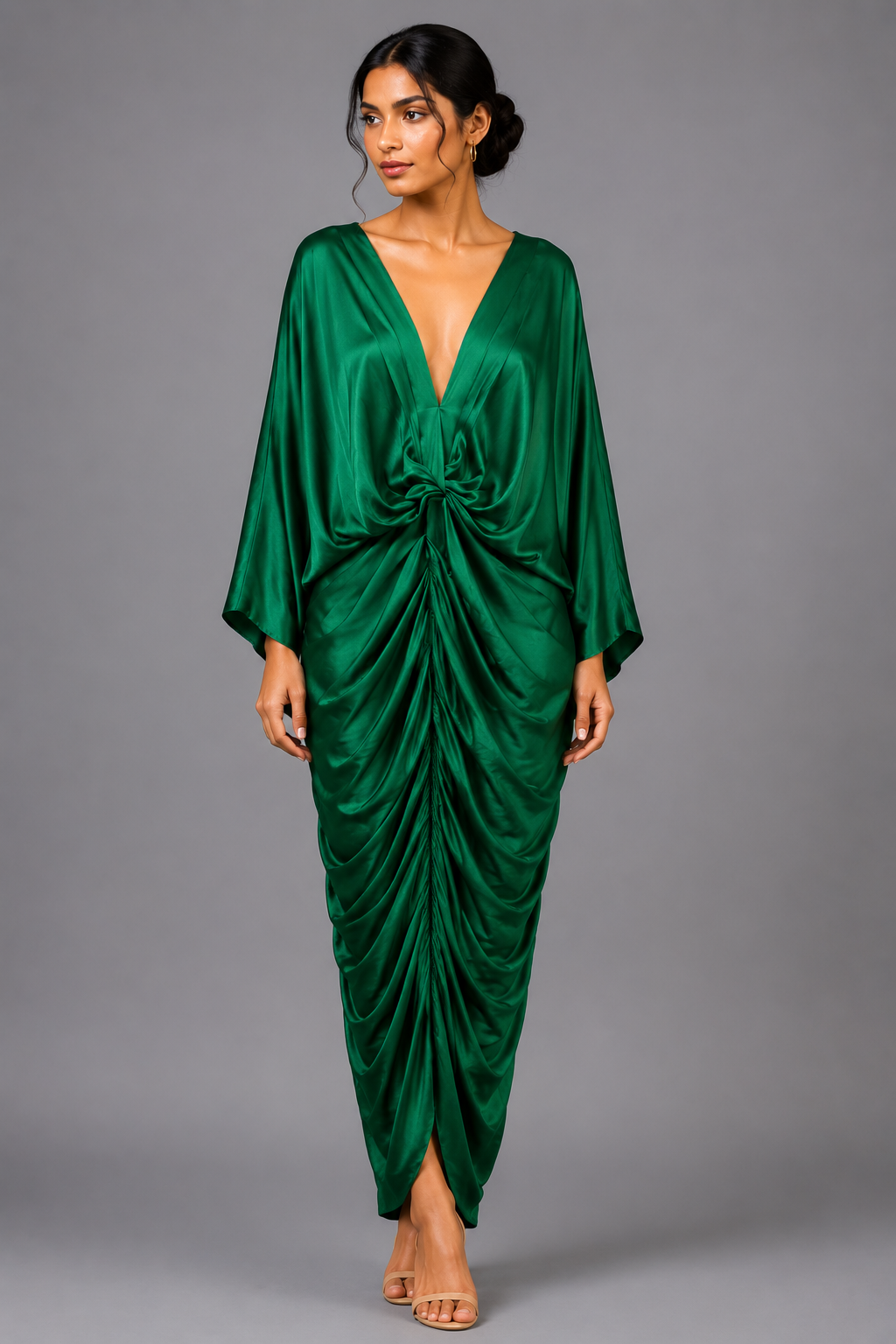 Emerald green satin-finish draped dress