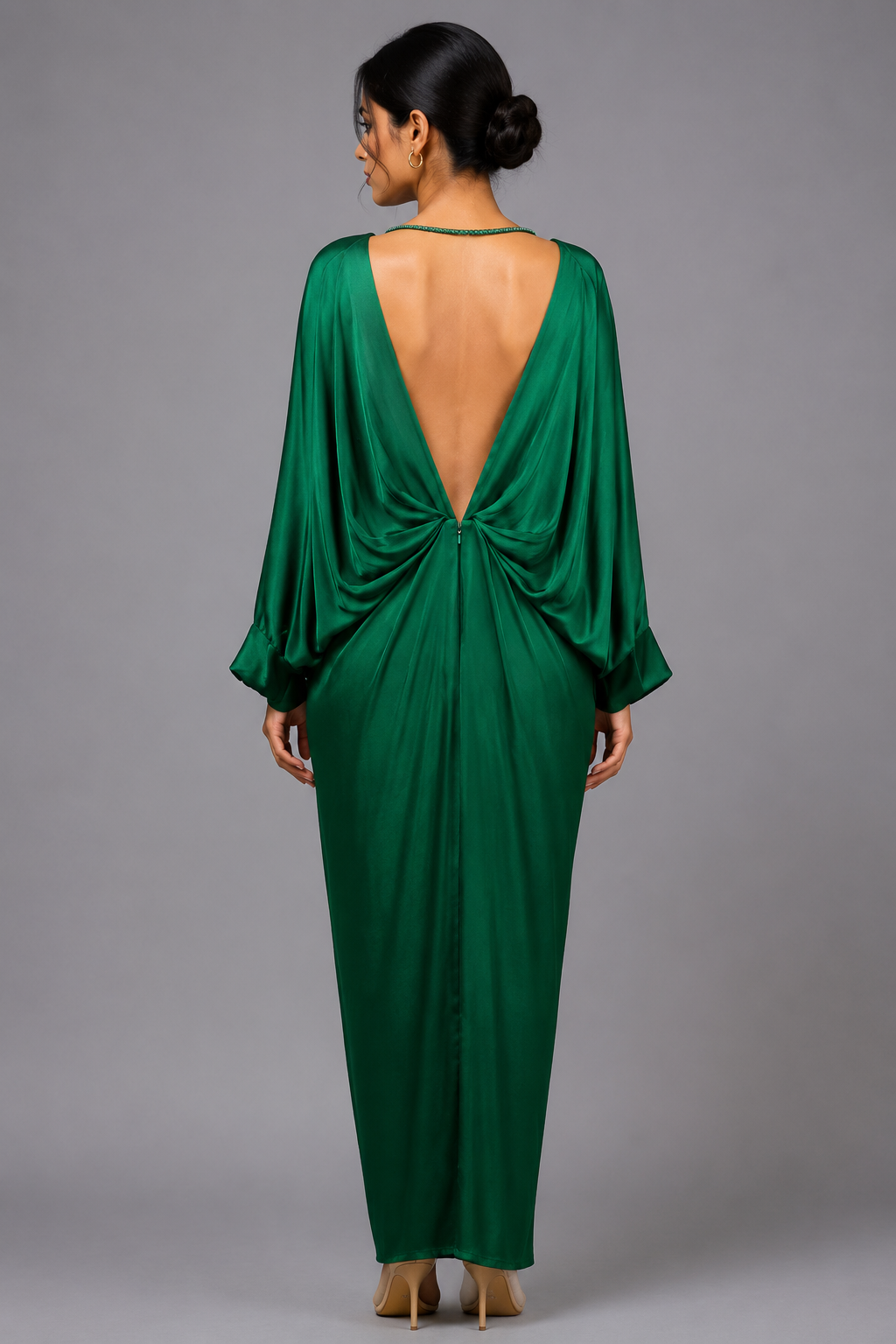 Emerald green satin-finish draped dress