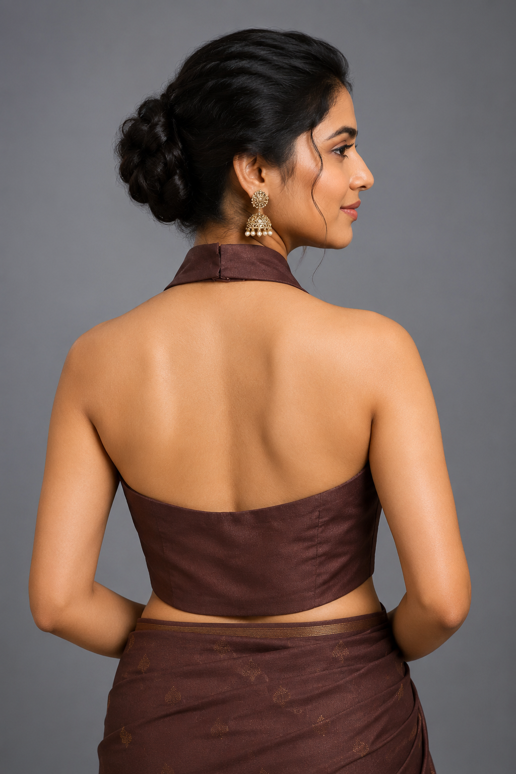 Brown Crepe Blouse Halter Neck
