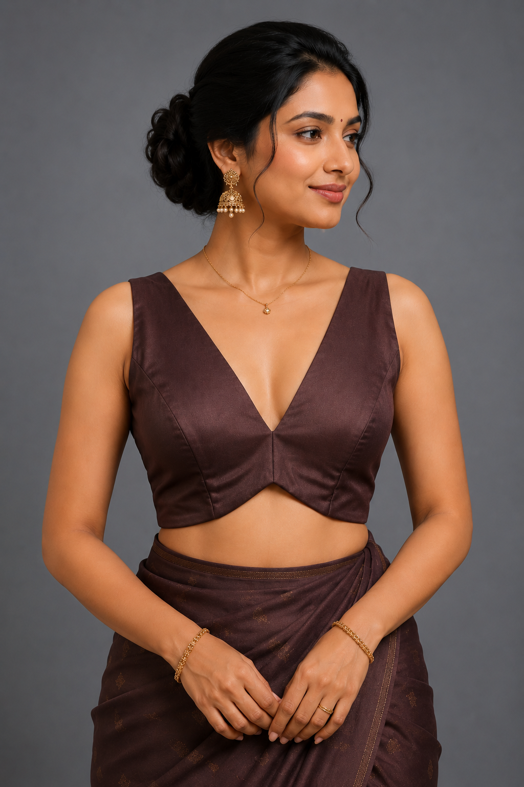 Brown V- Neck Blouse