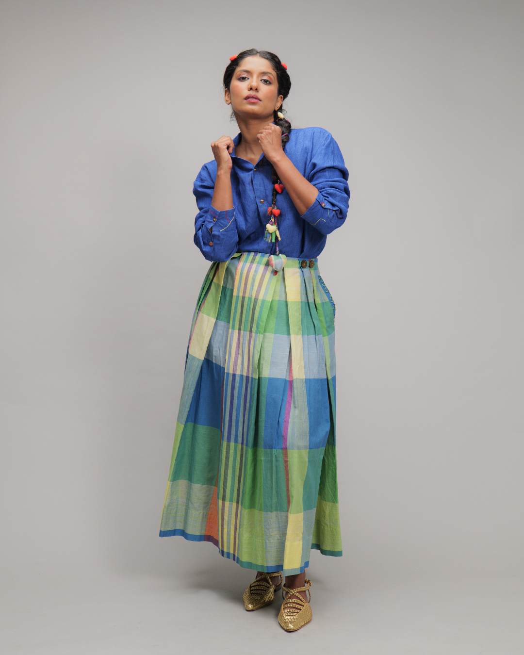 Agnella Check Pleated Maxi Skirt