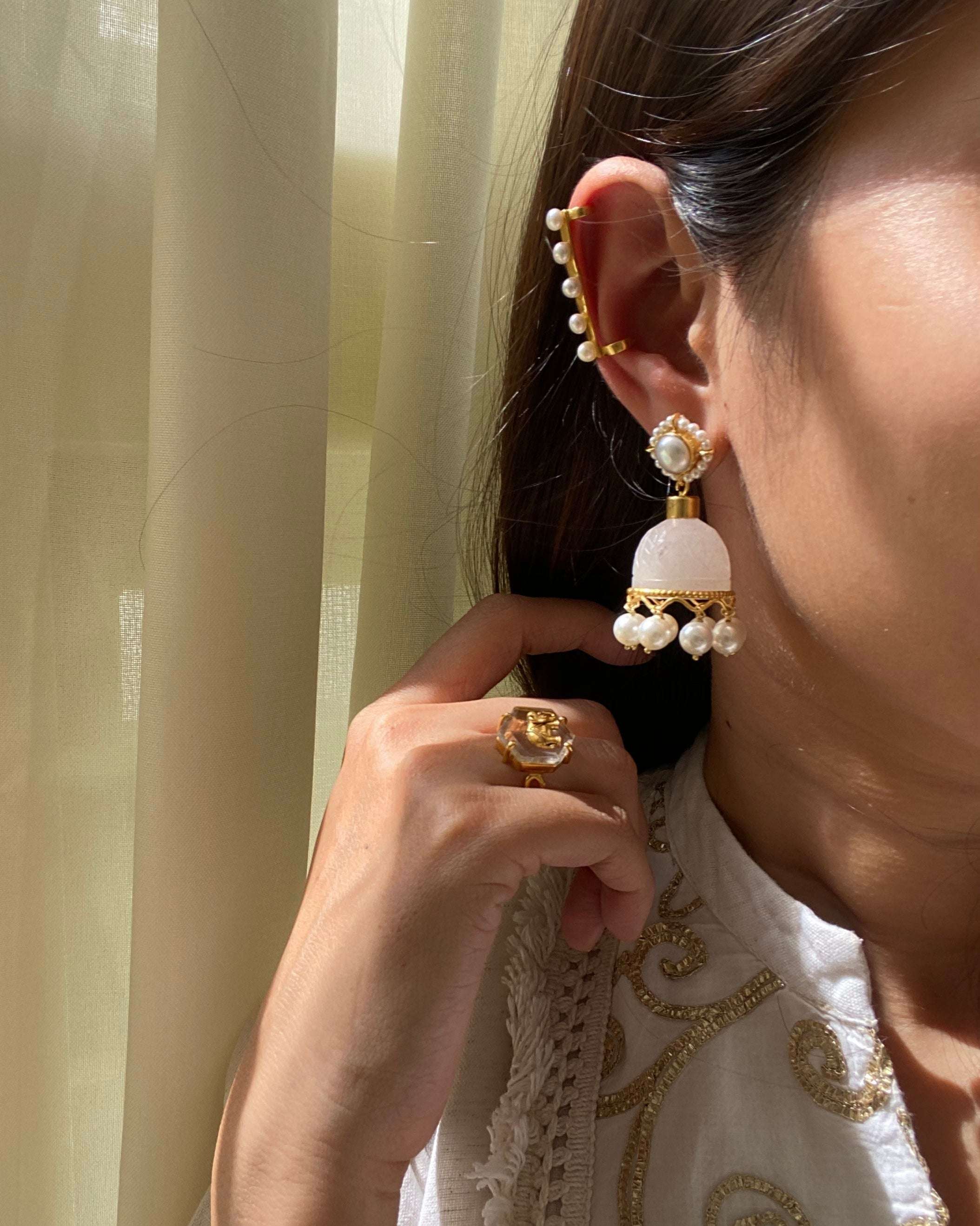 Rose Quartz- Pearl Jhumkis