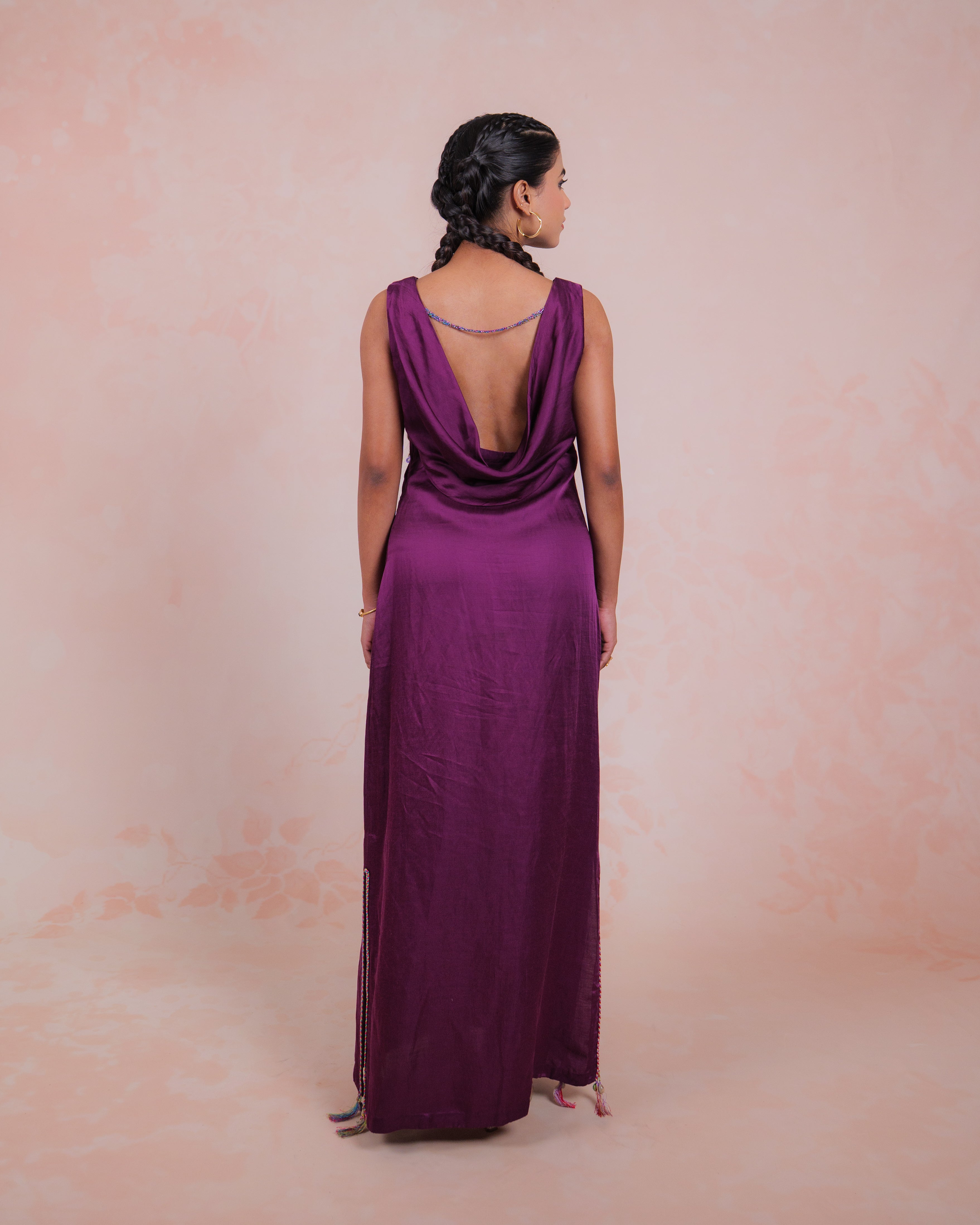 Ravika Purple Linen Satin Cowl Dress