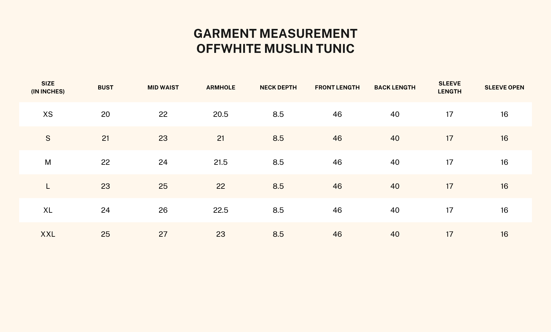 Garment measurements for Veena Off White Modal Silk Tunic