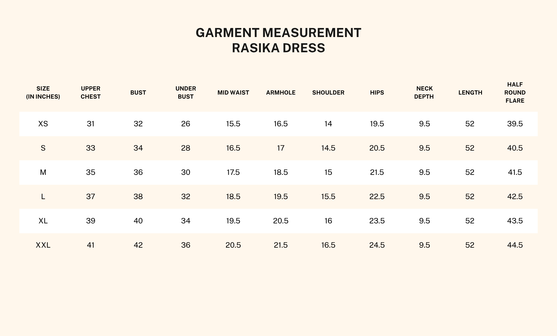 Garment measurements for Rasika Corset Dress