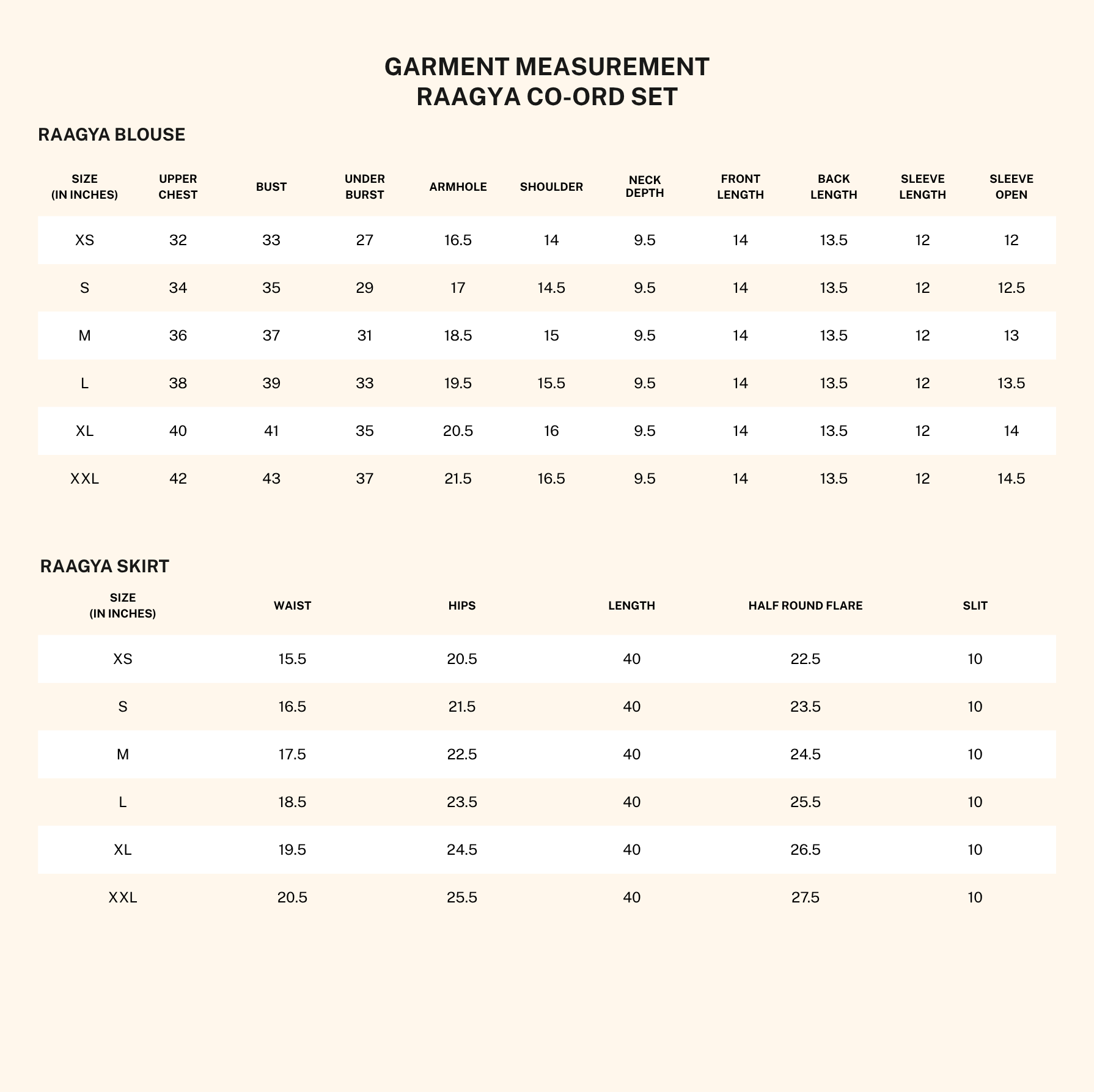 Garment measurements for Raagya Purple Kasavu Blouse Skirt Set