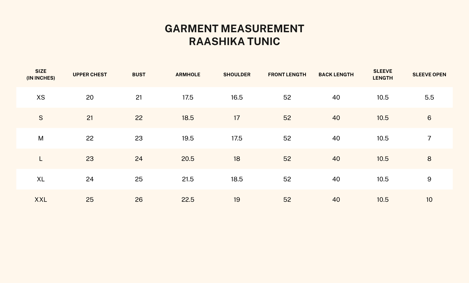Garment measurements for Raashika Tunic