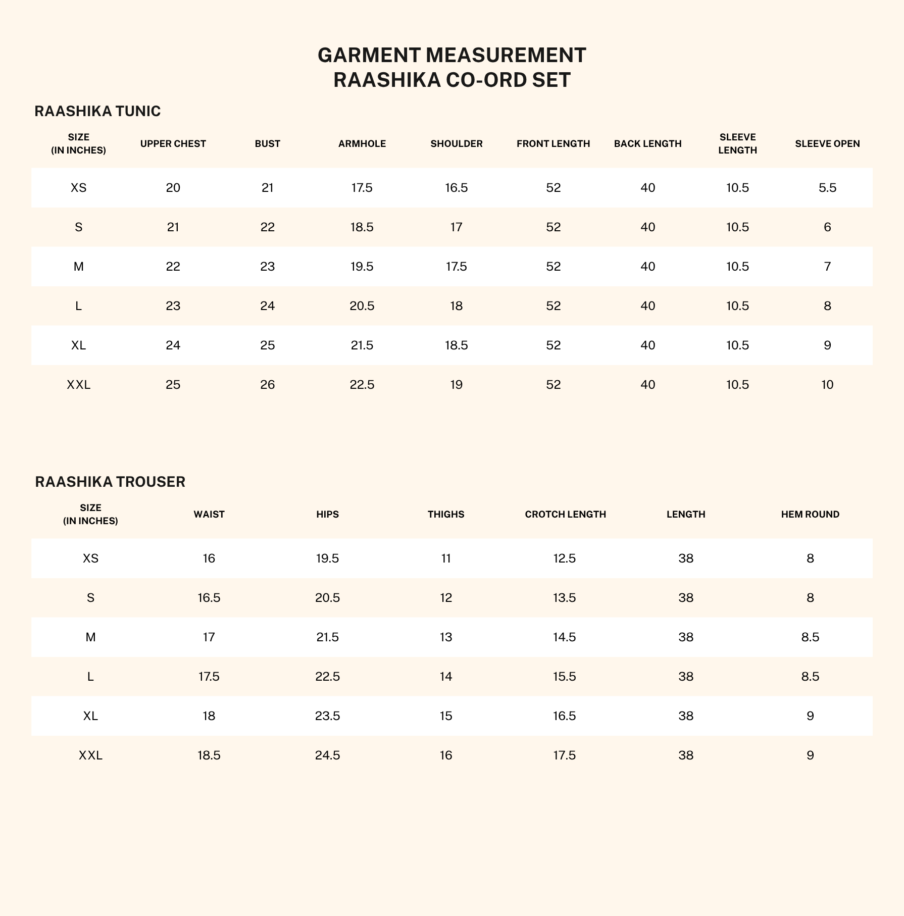 Garment measurements for Raashika Coord Set