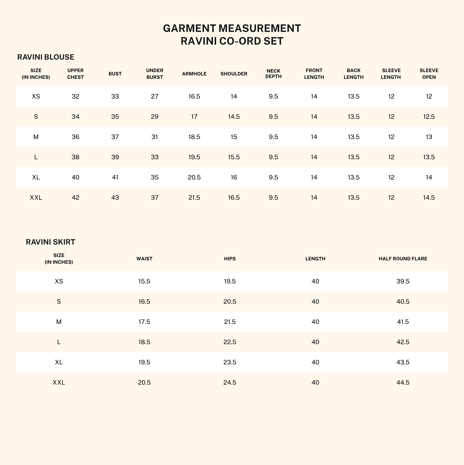 Garment measurements for Ravini Kasavu Bustier Skirt Set