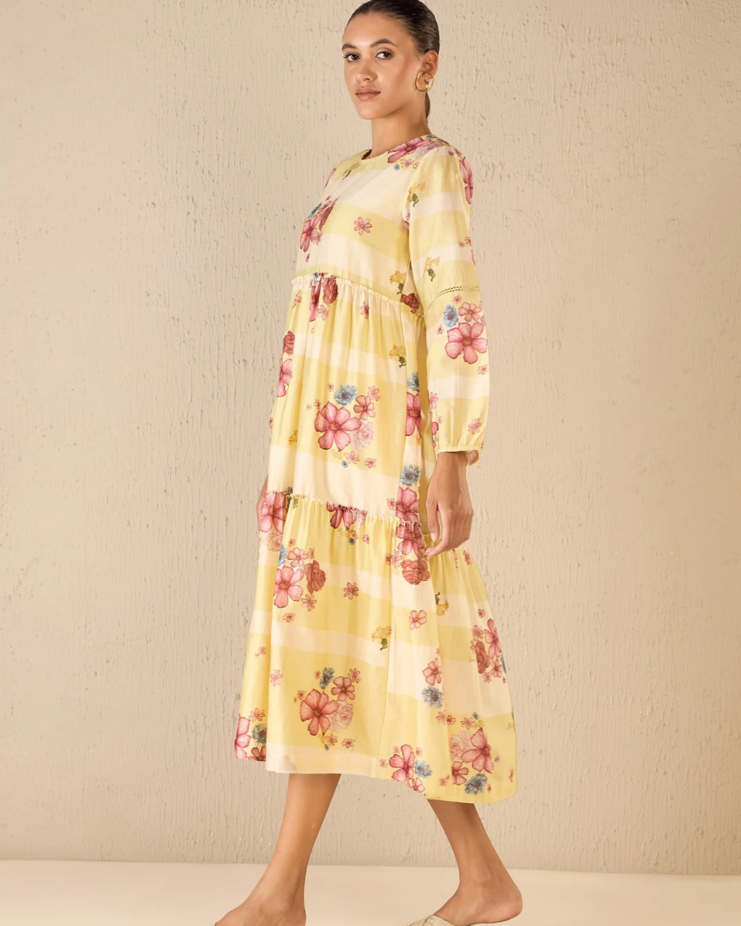 Floral fusion: yellow & white stripe floral tier dress