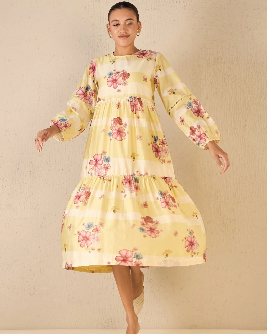 Floral fusion: yellow & white stripe floral tier dress
