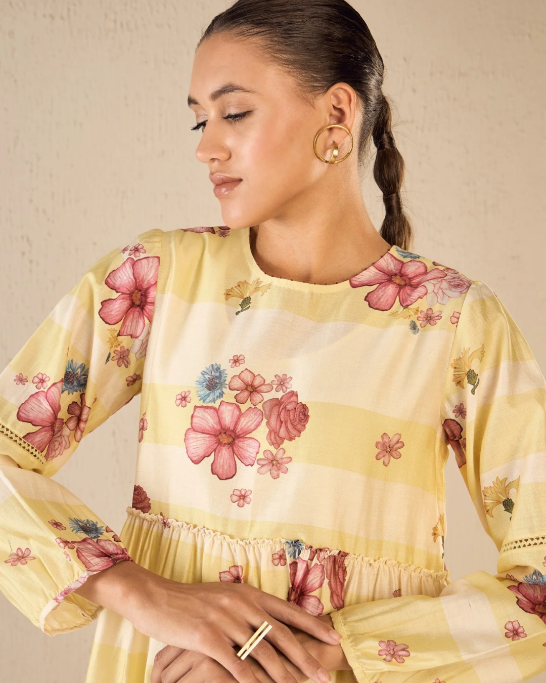 Floral fusion: yellow & white stripe floral tier dress