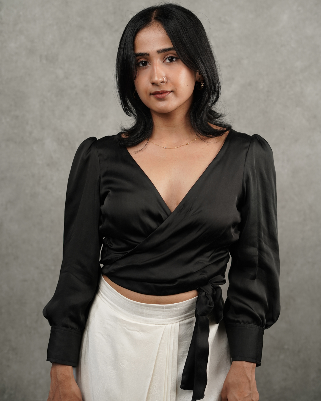Satin Tie-Up Black Blouse