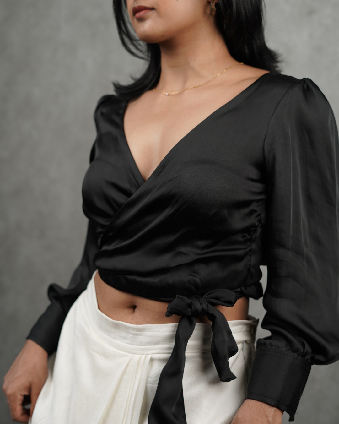 Satin Tie-Up Black Blouse