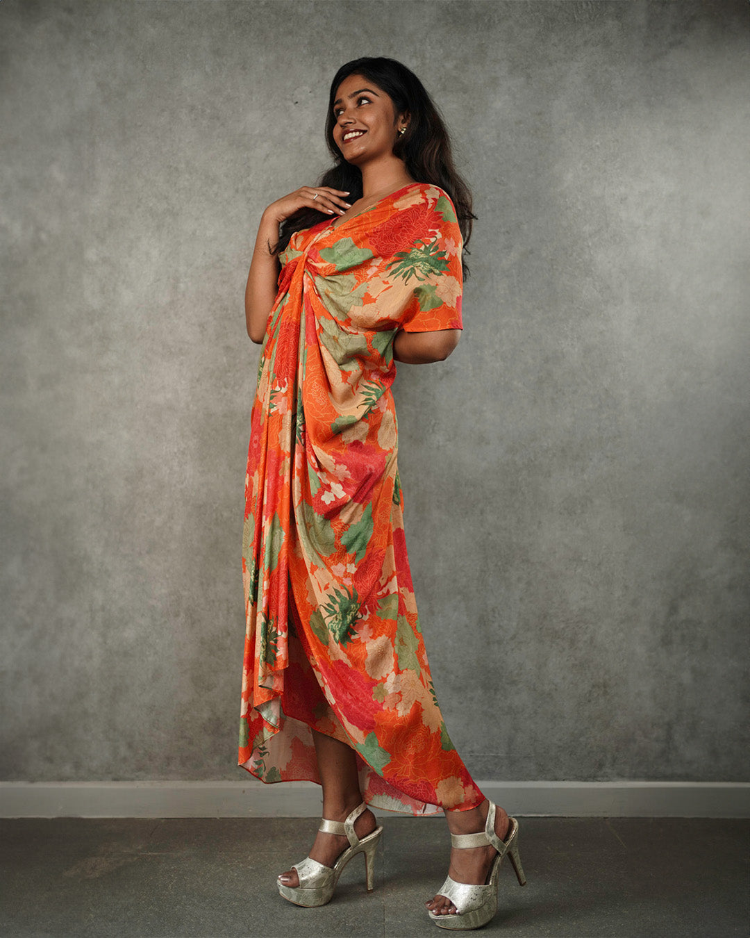 Tangy Orange Front Draped Dress