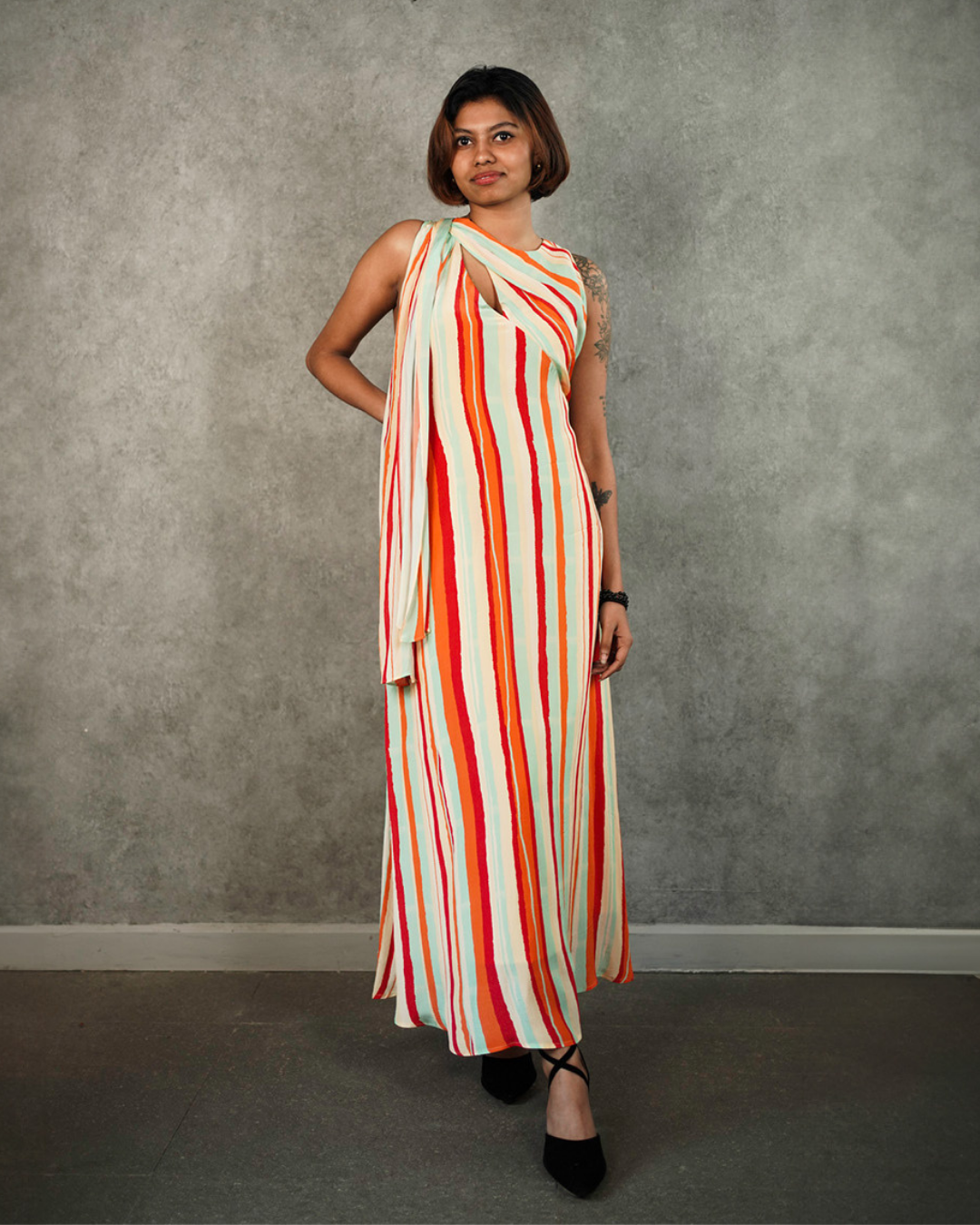 Multicolor Striped Cutout Drape Dress