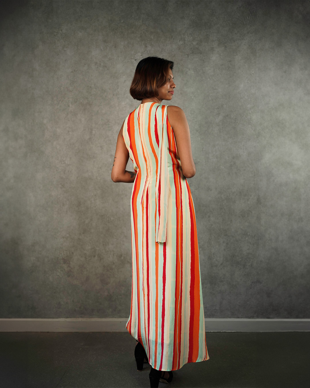 Multicolor Striped Cutout Drape Dress