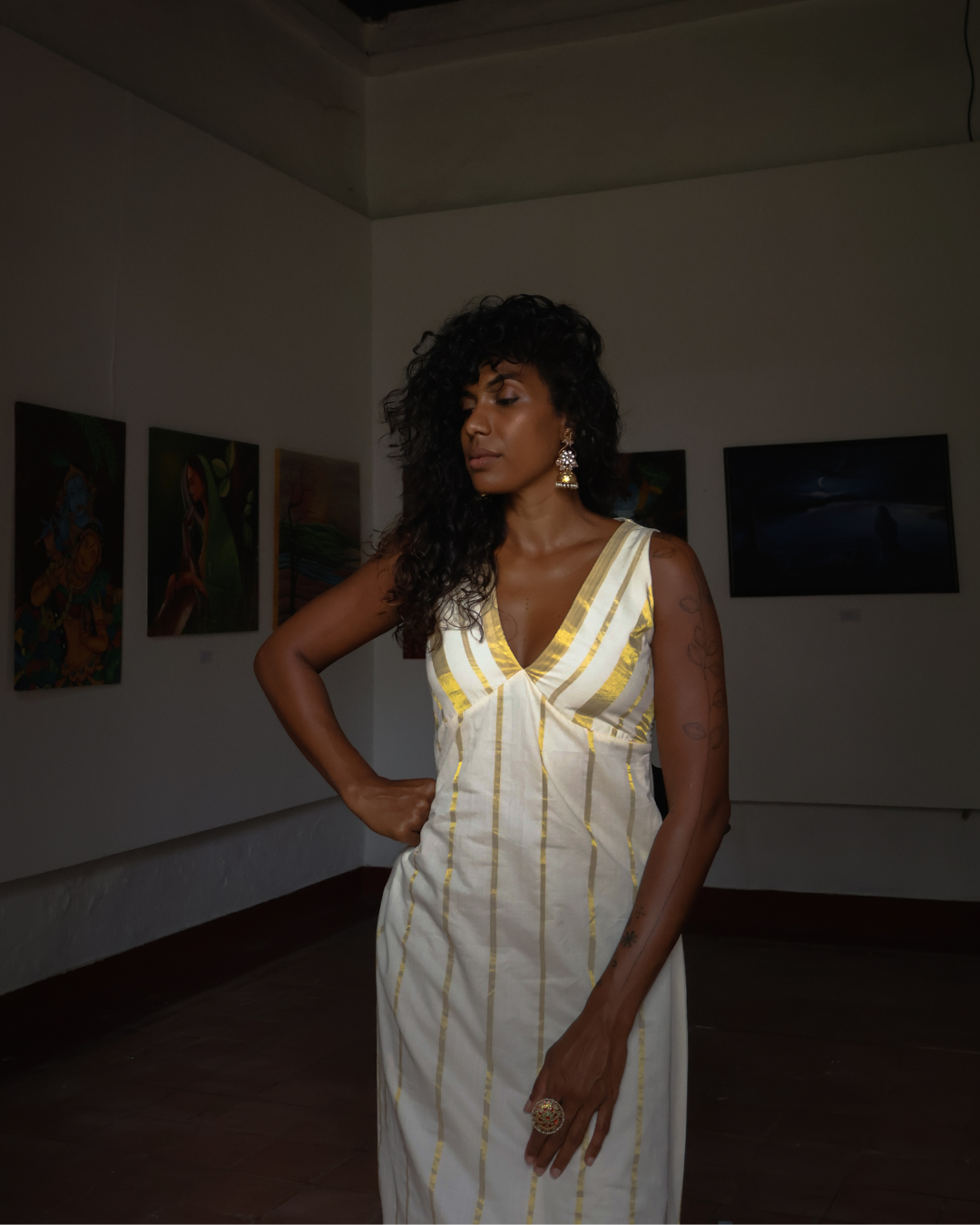 Suvarnam | Deep V-neck Kasavu Dress